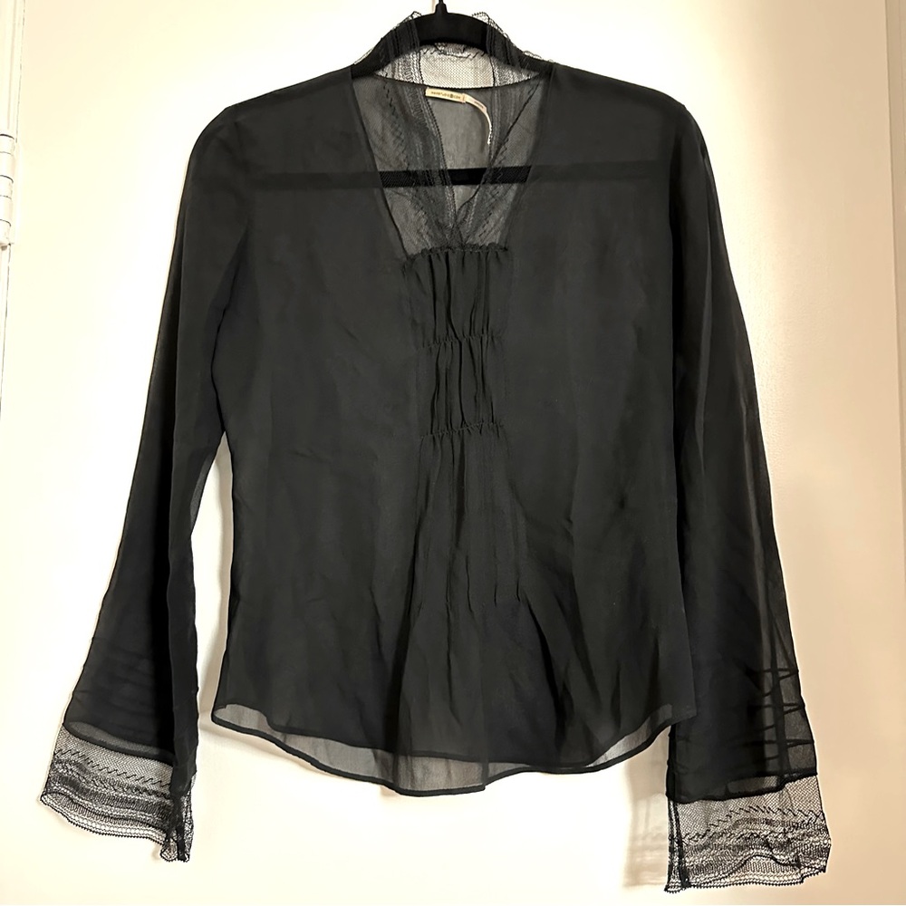 Max Studio, 100% Silk, Translucent, Lace-Trim Blouse
